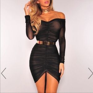 HMS off shoulder black tie dress